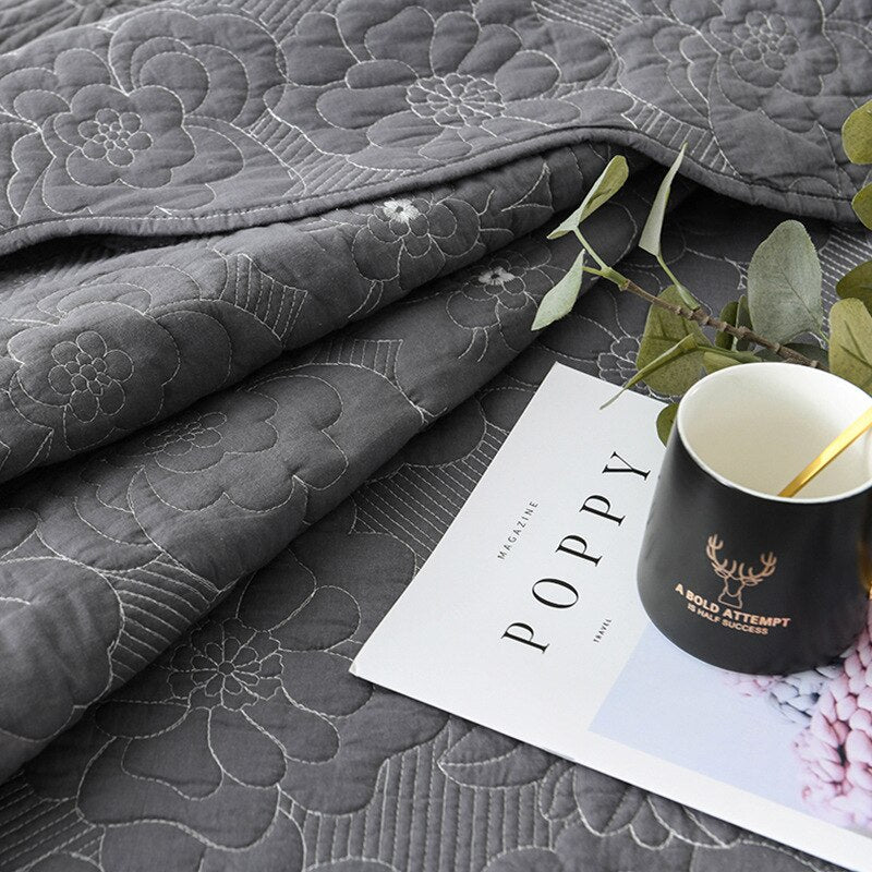 100% Cotton Grey Flowers 3pcs Embroidered Quilted Quilt Pillowcase Free Shipping