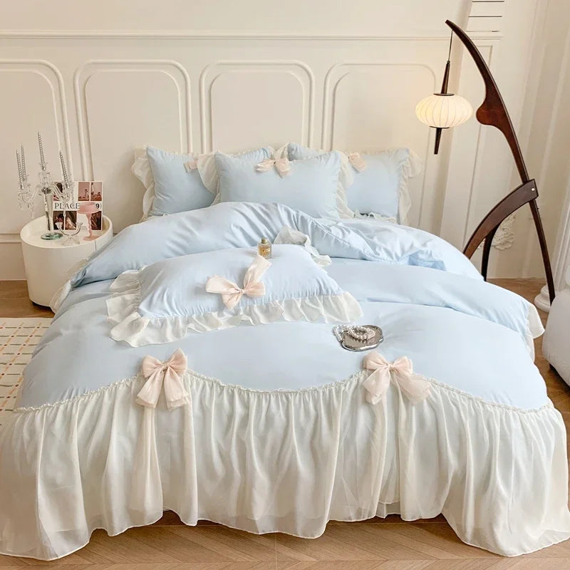 Chiffon Lace Bedding Set Pink France Romantic Princess Wedding Ruffles Bow Soft Duvet Cover Bed Sheet Pillowcases Home Textile