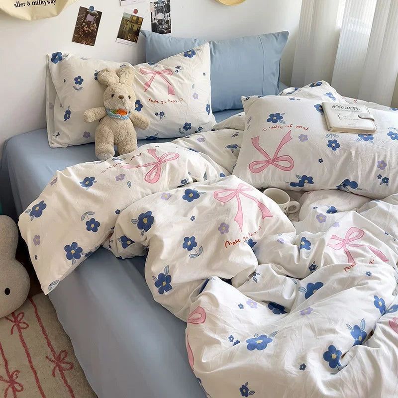 Bed Linen Bedding Set A-Class Washed Cotton Four-Piece Bed Sheets Set Comfort Sets Solid  Couple Bed Quilt Cover Home Textile