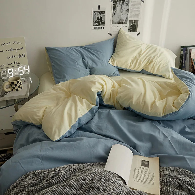 Bed Sheet Set Ins Style Double Color Washed Cotton   Bed Sheet Quilt Cover Sheet 3-piece Set Comforter Set Queen King Size
