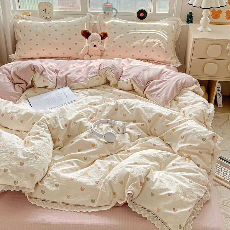 2025 New Bedding Set INS Princess Soft Bed Flat Sheet Set Twin Queen Double Size Cotton Lace Duvet Cover Pillowcase Bed Linen