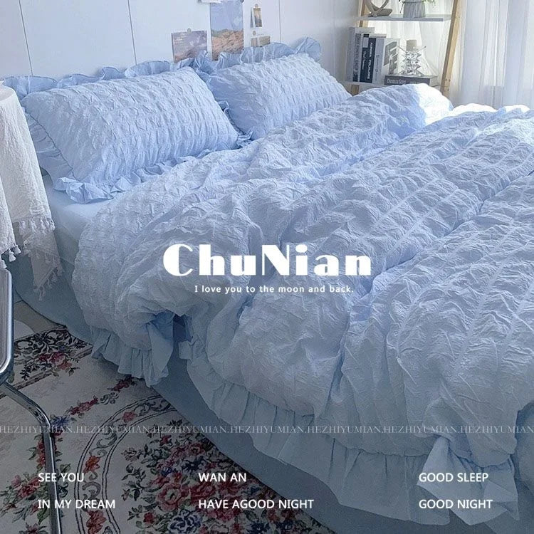 INS Girl Blue Bedding Sets Solid Color Seersucker Ruffles Lace  Kawaii Soft Sheet Woman Duvet Cover Pillow Covers Quilt Cover