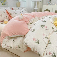 Romantic Floral Duvet Cover Set No Filler Soft Seersucker King Single Szie Pillowcases Flat Sheet Home Decoration Bed Linens