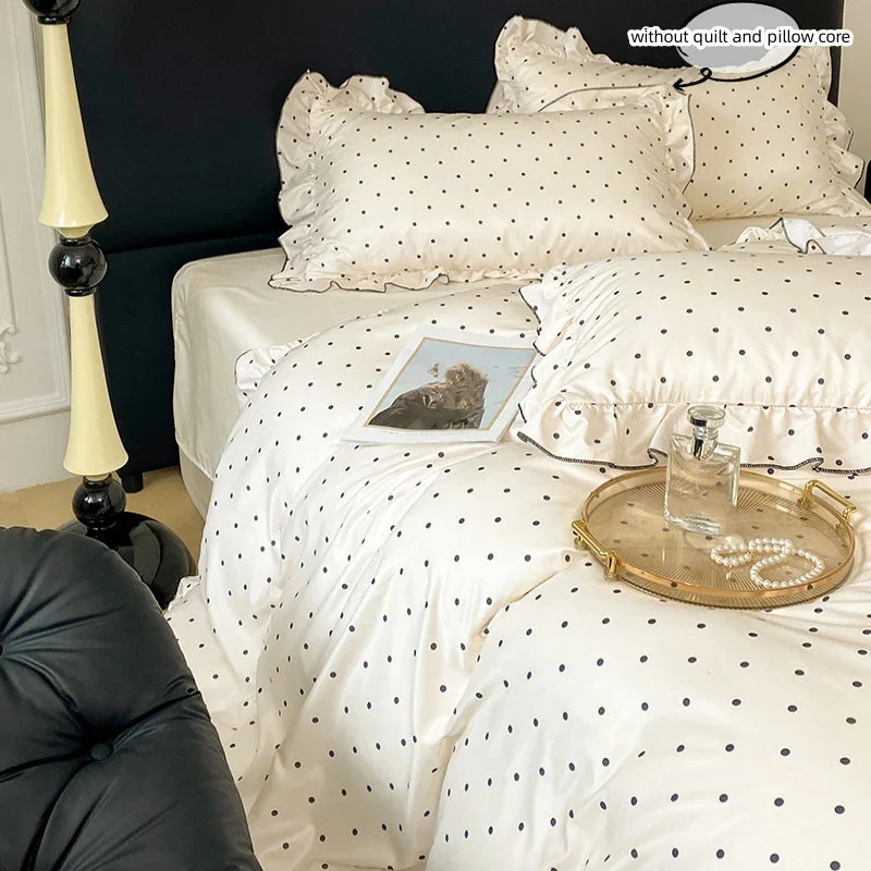 3pcs  Korean lace Duvet Cover Set (1*Duvet Cover + 2*Pillowcase, Without Core), Black dot print print Bedding Set