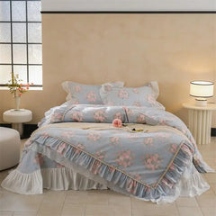 Elegant Vintage Floral Lovely White Lace and Ruffle Chic 100%Cotton Girls Duvet cover set Soft Quilted Bedspread 2Pillowcases