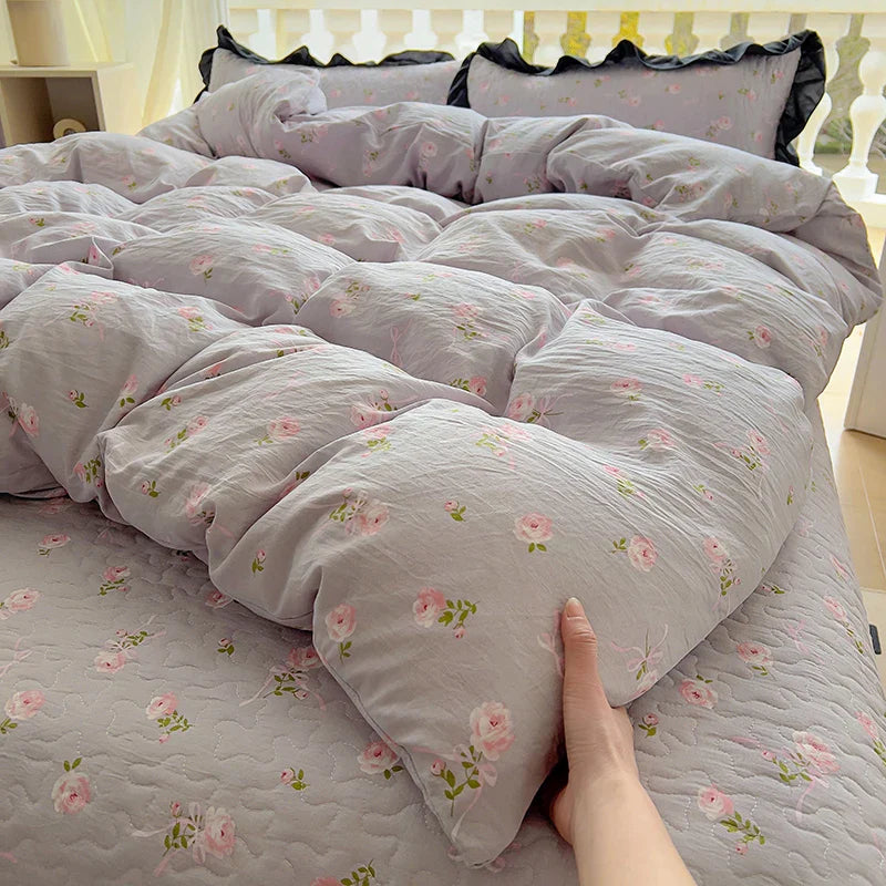 2025 new soft waxy waxy wash quilt cover Knitted double layer single bed sheet Little fresh polka dot bedding