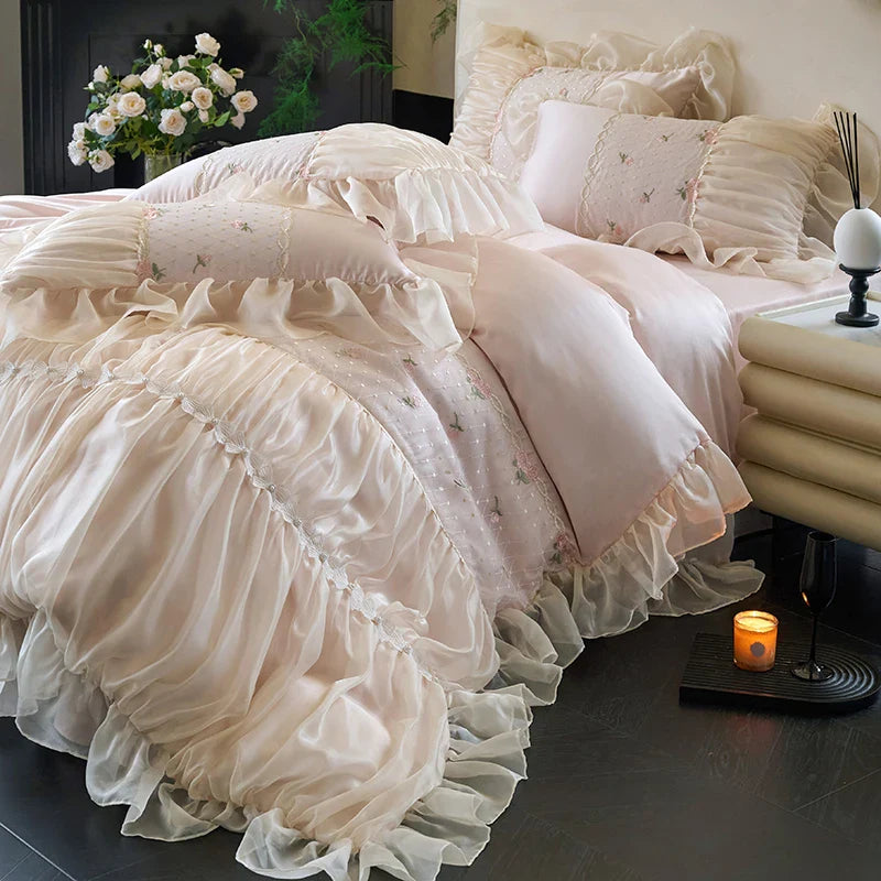 100% Tencel Bedding Set 60s Lace Flat Sheet Set With Pillowcase Queen King Double Size Bare Sleeping Skin-Friendly Bed Linen Set