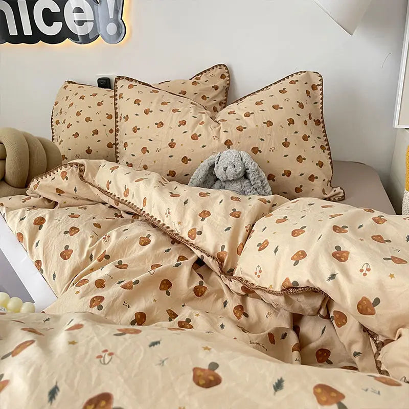 Bedding Set Double Layered Yarn INS Girls Mushroom Soft Washed Cotton Bed Sheet Queen King Size Duvet Set Pillowcase Bed Sheet
