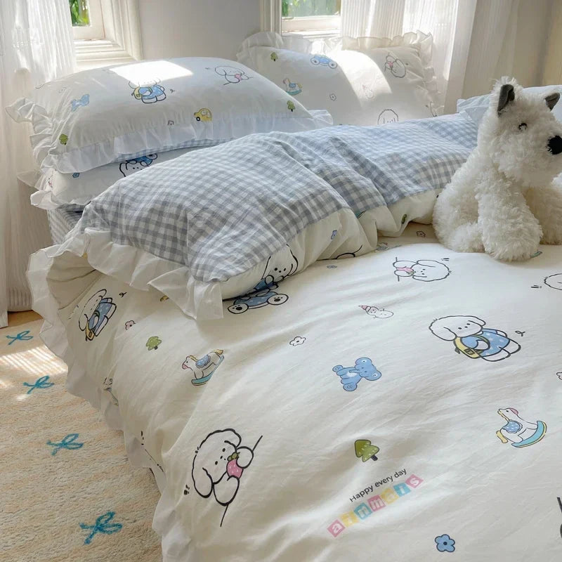 Blue Floral Ruffle Duvet Cover Set Queen Flower Leaf Comforter Covers 4Pcs Soft Luxury Pastoral Garden Washed Cotton Bedding Set