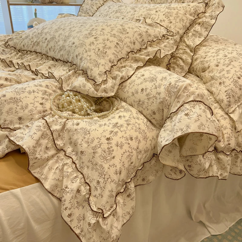 2/3Pc Korean Princess Style Floral Ruffles Bedding Set Single Queen Size Soft Skin-friendly Washed Cotton Duvet Cover Pillowcase