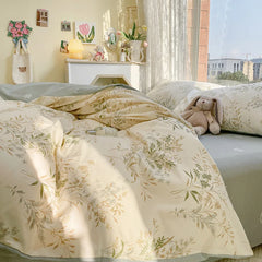 Simple Leaves Floral Printed Duvet Cover Set with Sheet Pillowcases No Filling Soft Bed Linen Full Queen Size Woman Home Bedding