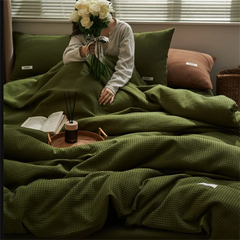Ins Style Solid Color Waffle Cotton Duvet Cover Set Bed Sheet Four Piece Set High Beauty Quilt Sheet Bed Sheet Bedding Set