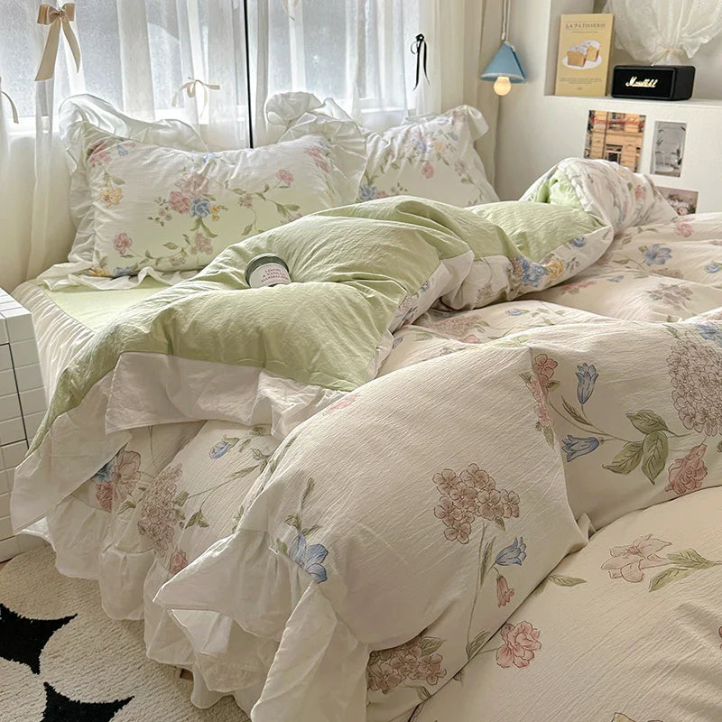 French Romantic Style Bedding Set Princess Skin Friendly And Comfortable Quilt Cover Lace Washed Cotton Printed Duvet  Cover Set