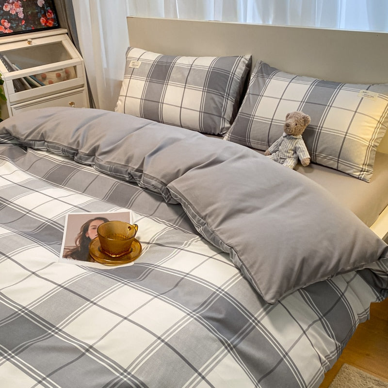 100% Cotton Plaid Geometric Bedding Set  Knit Bed Linens Sheet Pillowcase Home Textile Soft Bed Linen