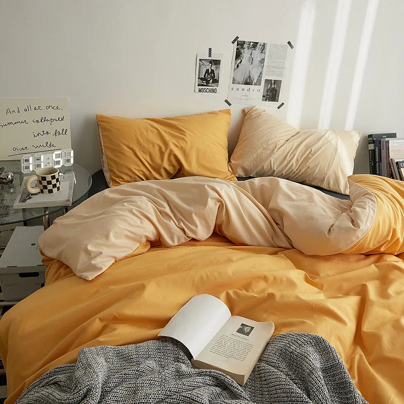 Bed Sheet Set Ins Style Double Color Washed Cotton   Bed Sheet Quilt Cover Sheet 3-piece Set Comforter Set Queen King Size