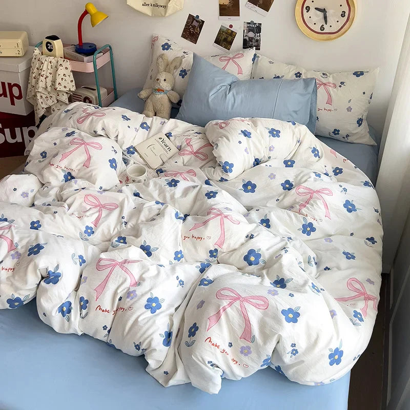 Bed Linen Bedding Set A-Class Washed Cotton Four-Piece Bed Sheets Set Comfort Sets Solid  Couple Bed Quilt Cover Home Textile