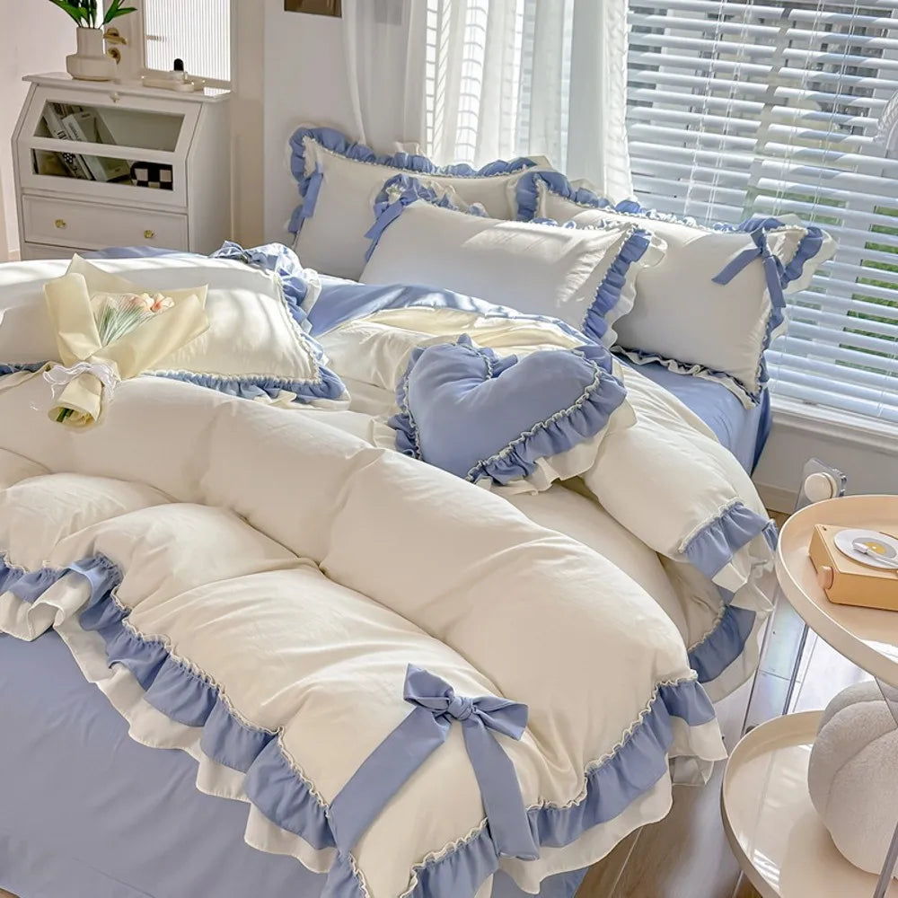 Princess Korean Style Bedding Set with Bow Pink Blue Girls Double Queen Size Duvet Cover No Filling Flat Sheet Pillowcases Kit