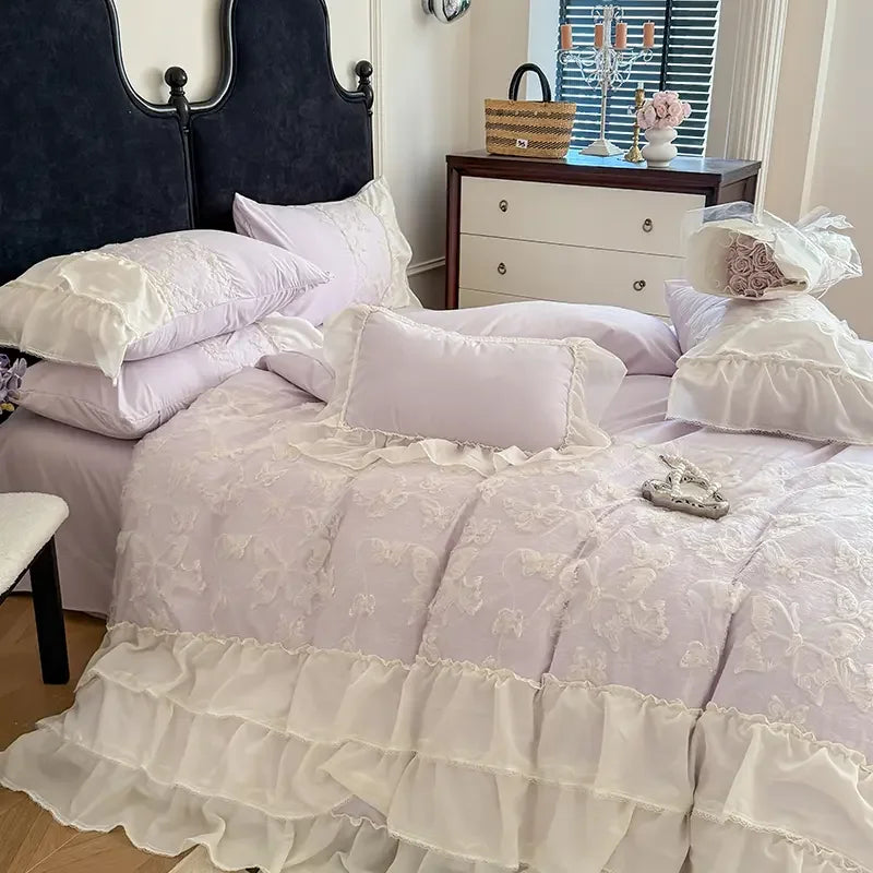 2025 Cotton Princess Bedding Sets Queen Butterflies Embroidered Chiffon Lace Elegant Soft Flat Sheet With Pillowcases 4PCS