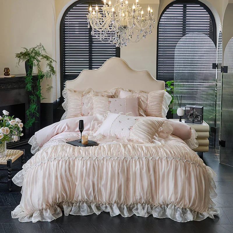 100% Tencel Bedding Set 60s Lace Flat Sheet Set With Pillowcase Queen King Double Size Bare Sleeping Skin-Friendly Bed Linen Set
