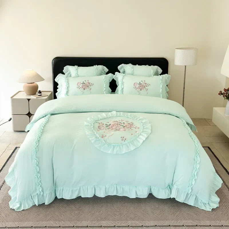 4Pcs Rose Flowers Embroidery Bedding Set Double King Queen Size Pink Girls Bedroom Duvet Cover Flat/Fitted Bed Sheet