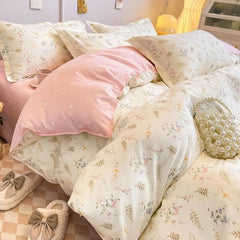 Kawaii Cherry Duvet Cover Set Pillowcase Flat Sheet Floral Boys Girls Twin Full Size Soft Bedding Kit Korean Ins Style Home Use