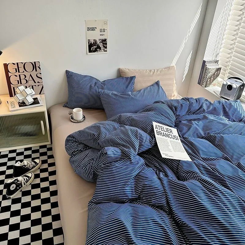 Japanese Lattice Duvet Cover Set with Sheet Pillowcases No Filling Warm Solid Color Bed Linen Full Queen Size Home Bedding Set