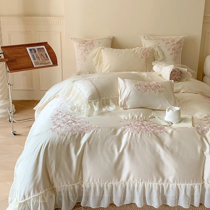 4Pcs Queen Size Flowers Embroidery Bedding Set Duvet Cover Bed Sheet Pillowcases