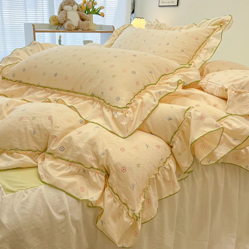 2/3Pc Korean Princess Style Floral Ruffles Bedding Set Single Queen Size Soft Skin-friendly Washed Cotton Duvet Cover Pillowcase