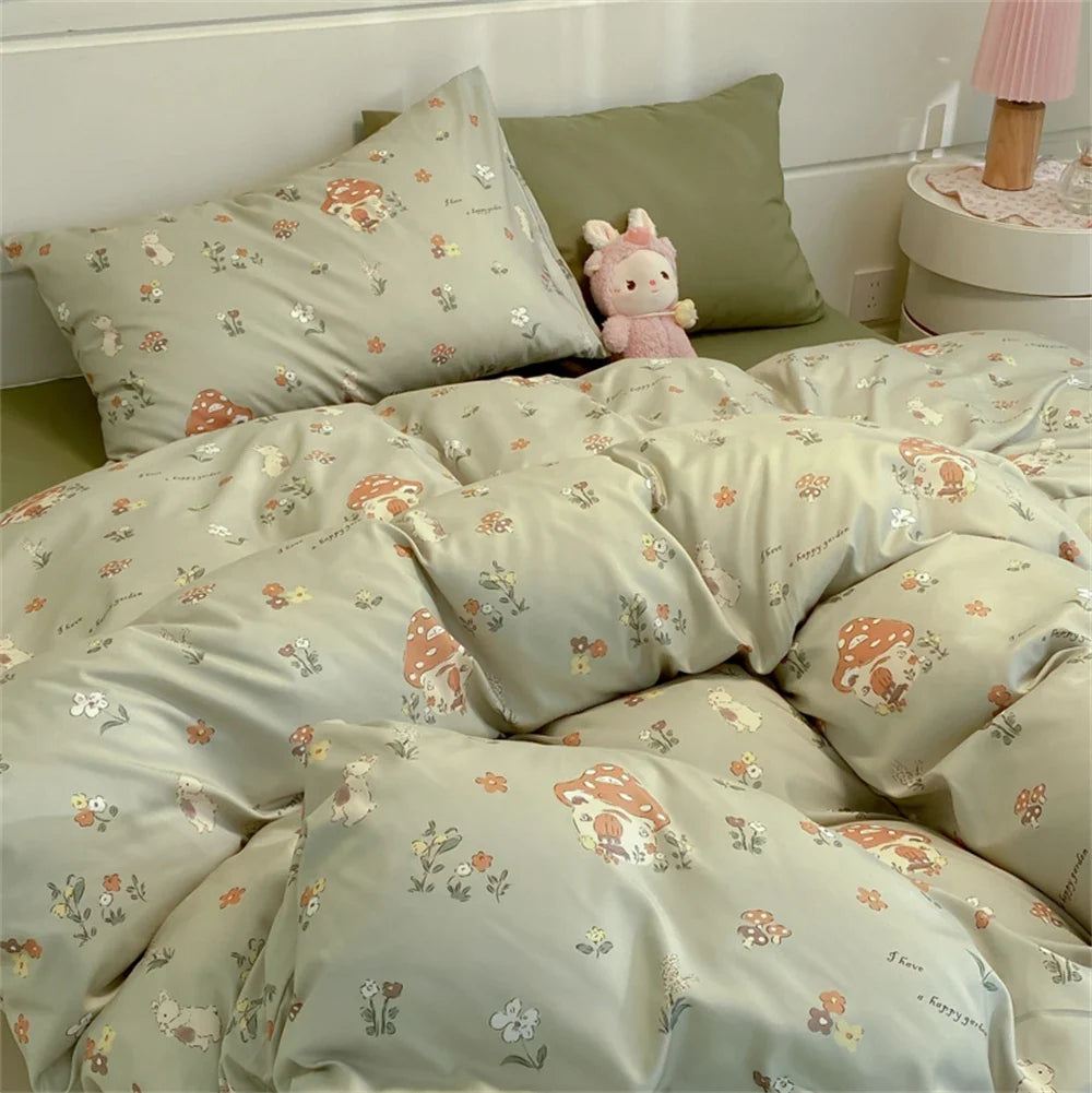 Floral Printed Duvet Cover with Pillowcase Bedding Set Washed Cotton Skin-friendly Four Pieces Set Duvet Cover Set with Sheet