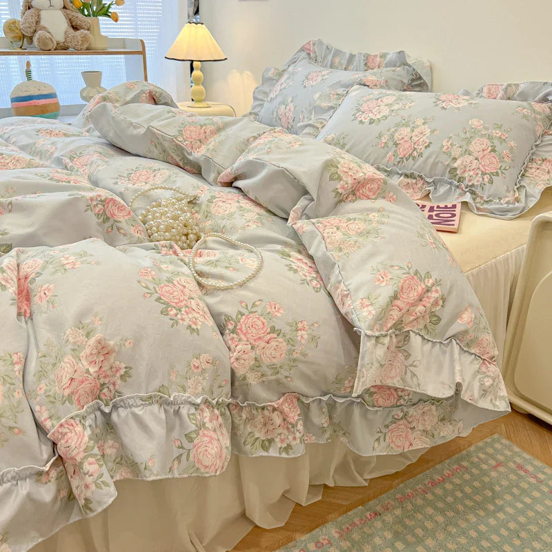 2/3Pc Korean Princess Style Floral Ruffles Bedding Set Single Queen Size Soft Skin-friendly Washed Cotton Duvet Cover Pillowcase