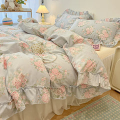 2/3Pc Korean Princess Style Floral Ruffles Bedding Set Single Queen Size Soft Skin-friendly Washed Cotton Duvet Cover Pillowcase
