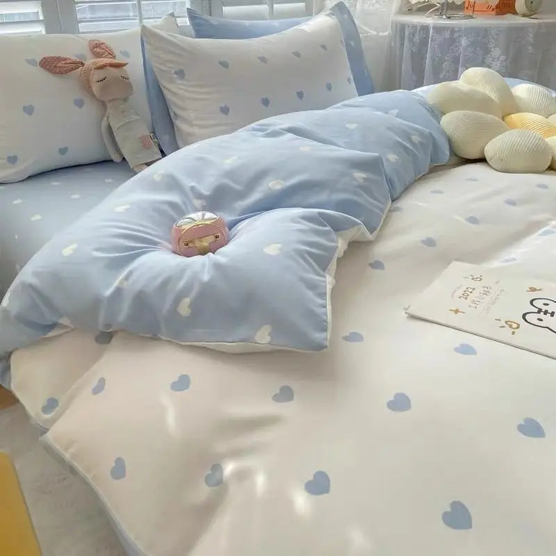 Floral Korean Style Duvet Cover Set No Filler Pillowcase Flat Sheet Twin Queen Size Boys Grils Romantic Bedding Kit