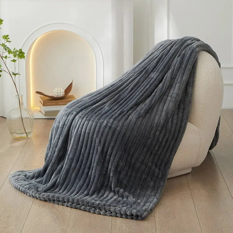 A Solid Color Striped Flannel Blanket Shawl Blanket Multi-purpose Sofa Blanket Cover Blanket Home Bed Blanket