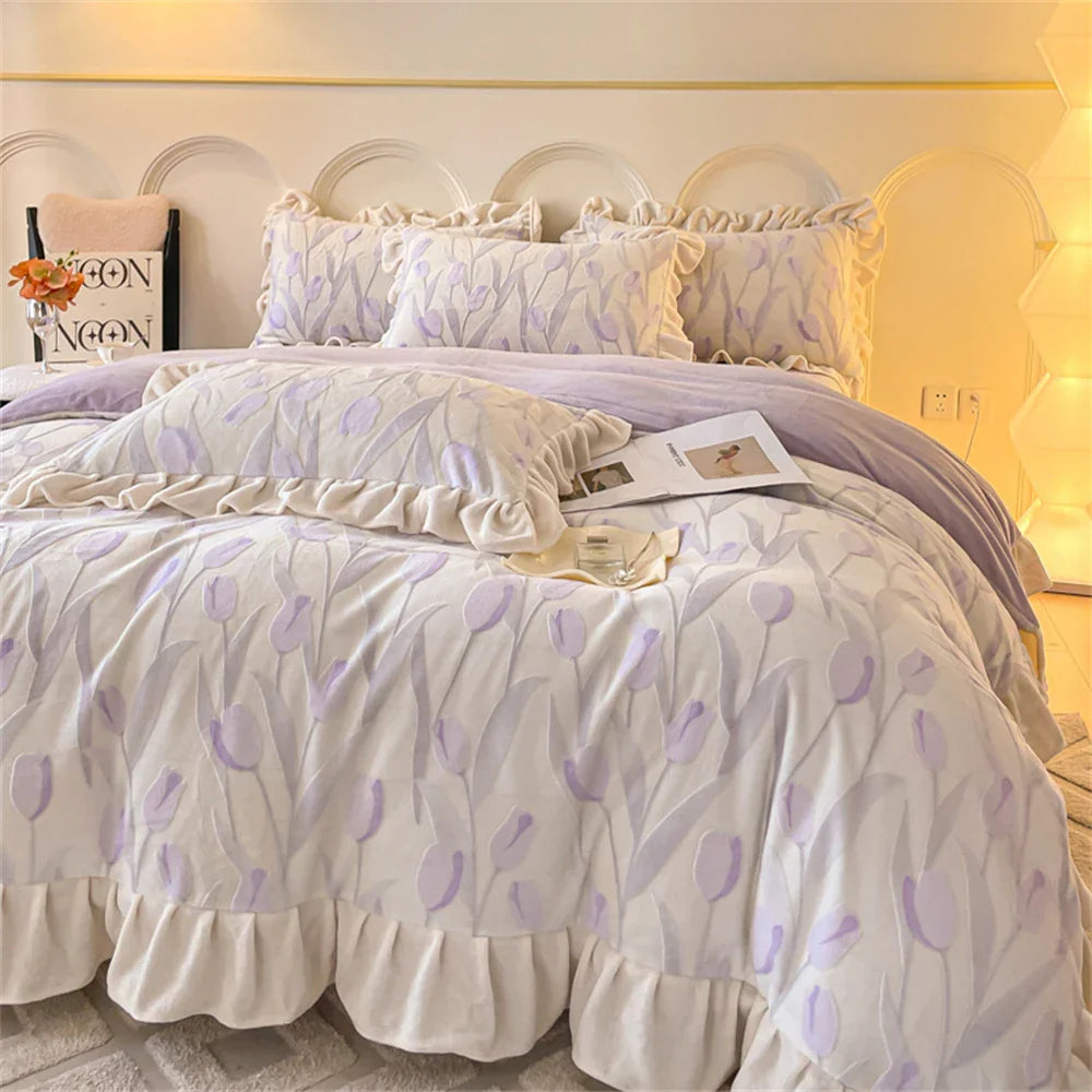 New Bedding Set High Weight Carved Milk Flour Set Girl Ruffle Bed Tulip Thicken Warm Quilt Cover Sheet Pillowcase Decor Bedroom