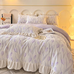 New Bedding Set High Weight Carved Milk Flour Set Girl Ruffle Bed Tulip Thicken Warm Quilt Cover Sheet Pillowcase Decor Bedroom