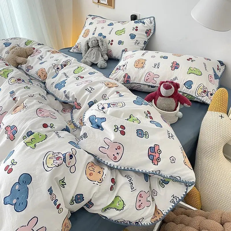 Bedding Set Flora INS Girls 4 New Tulip Rabbit Double-layer  Bed Set Of Four Pieces Washing Cotton Bed Sheets Duvet Cover Set