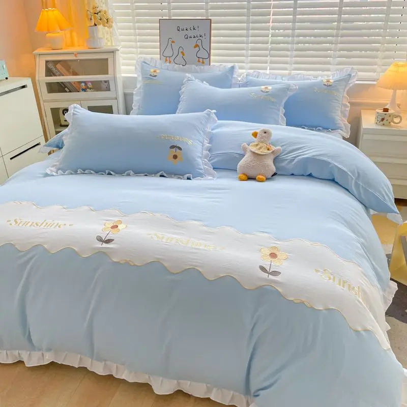 Kawaii Princess Bedding Set with White Ruffles Korean Style Girls Single Full Duvet Cover No Filling Flat Sheet Pillowcases Kit
