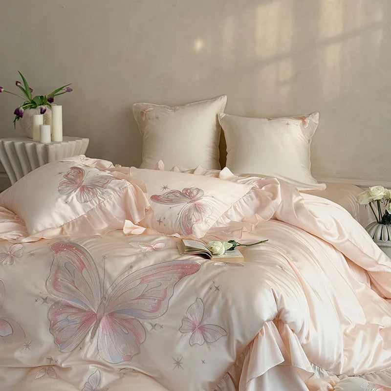 100% Cotton Gorgeous Bedding Set Butterfly Embroidery Flat Sheet Pillowcases Queen Size For Women Bare Sleeping Skin-Friendly