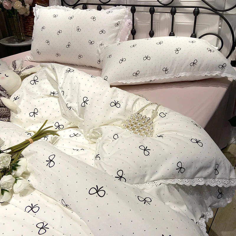 2025 Princess Bedding Set Lace Bow Simple Fresh Duvet Cover Flat Fitted Sheet Pillowcases Home Textile For Women Girl Queen Size