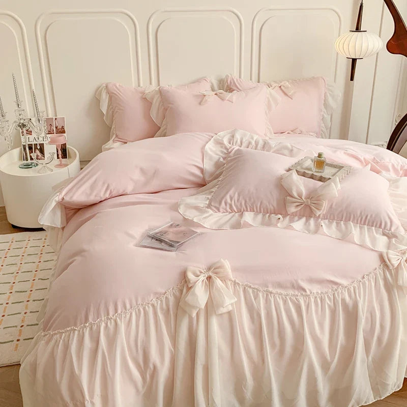 Korean Princess Style Bedding Sets Ruffle Lace Bow Quilt Cover Romantic Bedclothes Decor Woman Girls Bedroom/ Bedding Set