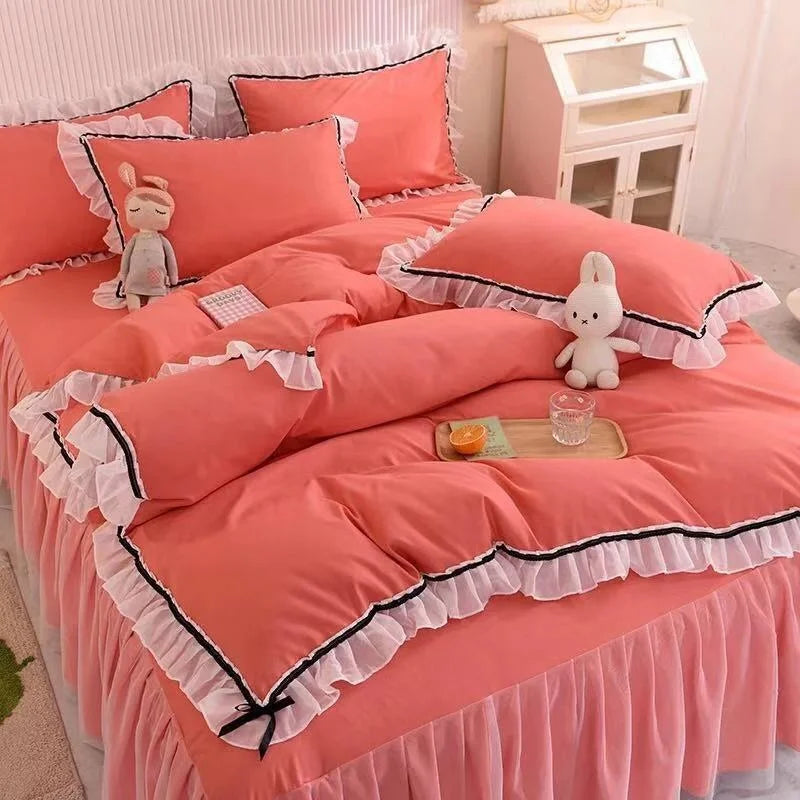 Checkered Bedding Set Bed Skirt Ruffle Lace Princess Style Girls Duvet Cover Simple Solid Color Home Textiles Decor Bedroom
