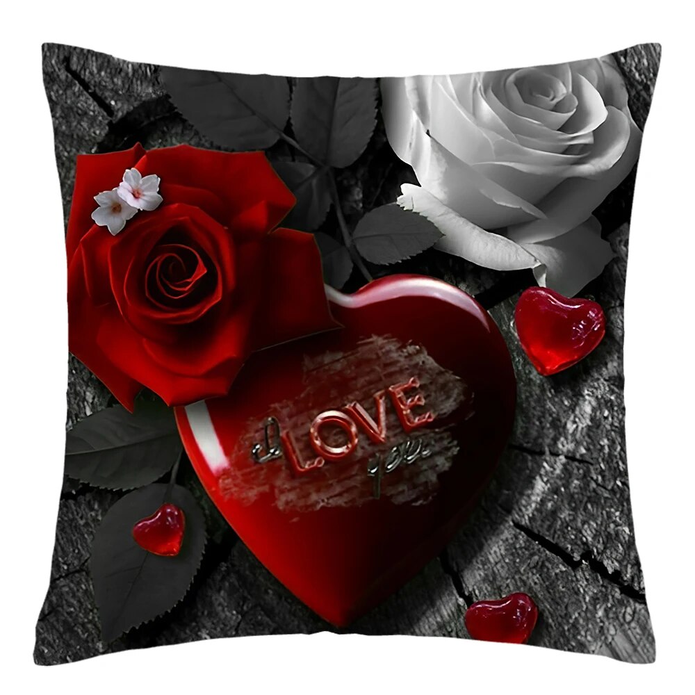 45x45cm Red Rose Flower Cushion Cover Home Wedding Decoration Sofa Bed Lumbar Pillowcase Polyester Red Rose Print Pillow Case