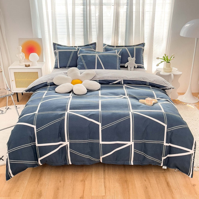 100% Cotton Green Plaid Bedding Set,Nordic Bed Cover 90,Skin Friendly, Duvetcover&2pcs Pillowcase,No Bed Sheet