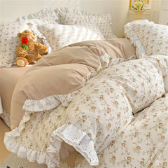 Princess Style Lace Ruffles Bedding Set Purple Tulips Duvet Cover and Flat Sheet Pillowcases Girls Romantic Floral Home Textiles