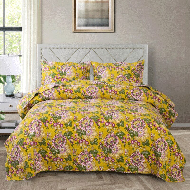 Single Double Bed Cotton Botanical Flower 3pcs Printed Quilted Quilt Pillowcase Free Shipping len?ol de cama casal ?????