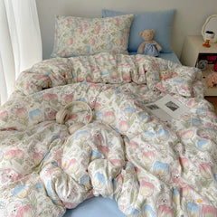 Korean Style Cute Bedding Set For Girls Bed Linen New Skin Friendly Fresh Flora Printed Washed Cotton Duvet Cover Set