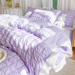 Luxury Seersucker Washed Cotton Bedding Set INS Girls Princess Bedding Set with Lace Solid color Bedclothes Sheets Pillowcase