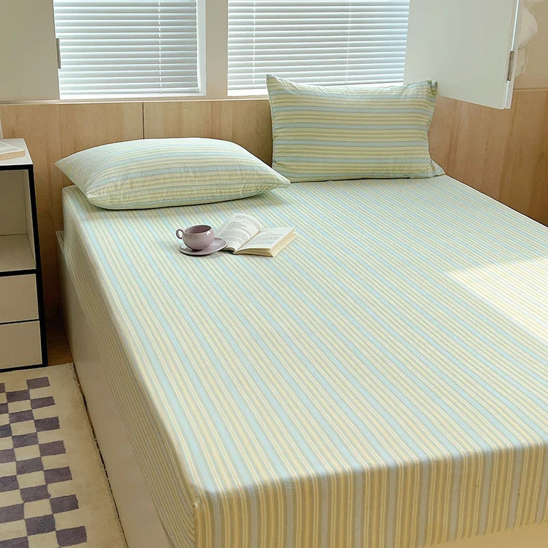 1PCS Nordic Stripe Fitted Sheet Non Slip Bedspread 100% Cotton With Elastic Band Mattress Cover (no Pillowcase)