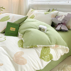 Sweet Green Heart-Shaped Princess Girls Duvet Covers Simple Quilt Cover Bed Flat Sheet Pillowcase Washed Cotton Bed Linens