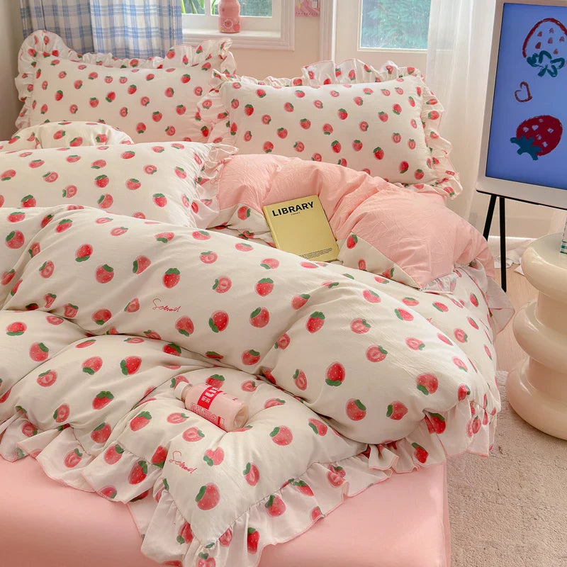 4pcs  Korean lace Duvet Cover Set (1*Duvet Cover +1 flat sheet + 2*Pillowcase, Without Core), Fresh Flower Print Bedding Set
